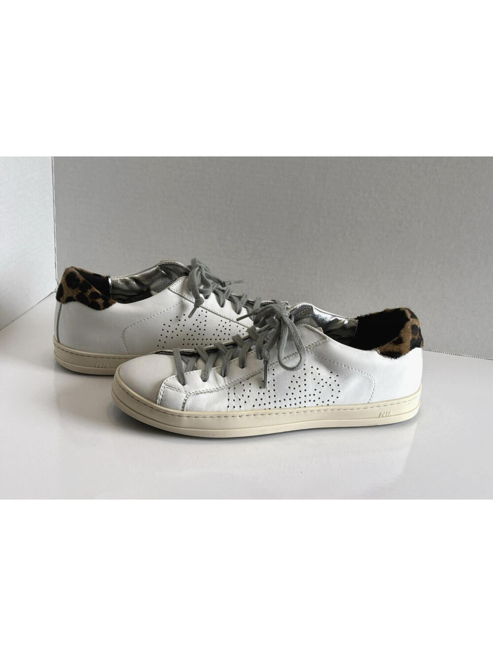 P448 John Shoes Women Sz 41/10.5 White Leather Leopard Print Sneakers Italy Made